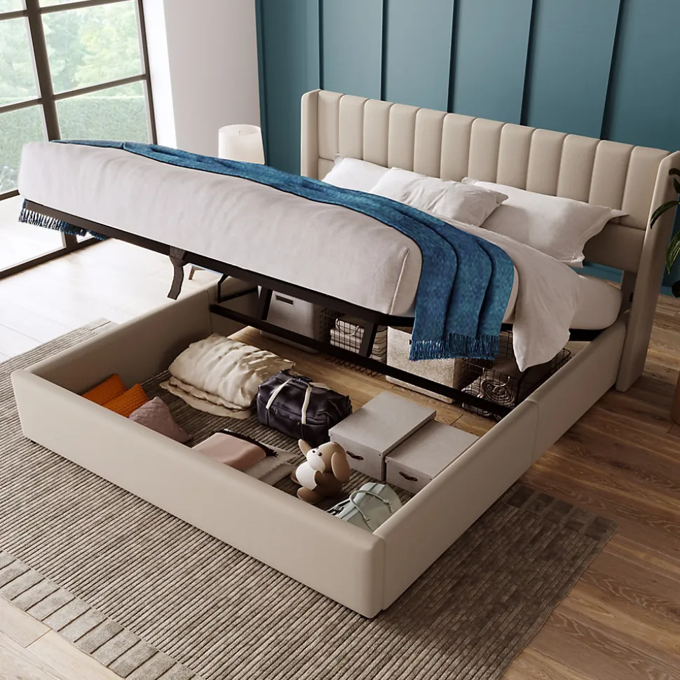 Lit coffre 180 x 200 cm - Lit Double avec Sommier à Lattes - Lin Bois Métal - Sans Matelas - Beige