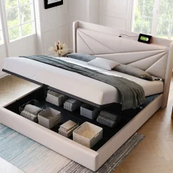 Lit coffre 140 x 200 cm - Lit double capitonné avec sommier à lattes et charge USB Type C - Coton et métal - avec Matelas - Beige