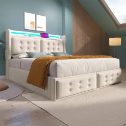 Lit Coffre 140 x 200 Cm - Lit Double avec Tête de Lit LED et Charge USB C - Bois, Coton, Métal - Sans Matelas - Beige