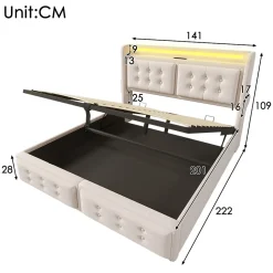 Lit Coffre 140 x 200 Cm - Lit Double avec Tête de Lit LED et Charge USB C - Bois, Coton, Métal - Sans Matelas - Beige