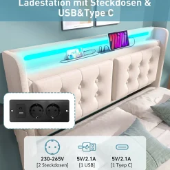 Lit Coffre 140 x 200 Cm - Lit Double avec Tête de Lit LED et Charge USB C - Bois, Coton, Métal - Sans Matelas - Beige