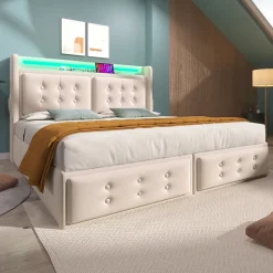 Lit Coffre 140 x 200 Cm - Lit Double avec Tête de Lit LED et Charge USB C - Bois, Coton, Métal - Sans Matelas - Beige