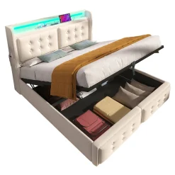 Lit Coffre 140 x 200 Cm - Lit Double avec Tête de Lit LED et Charge USB C - Bois, Coton, Métal - Sans Matelas - Beige