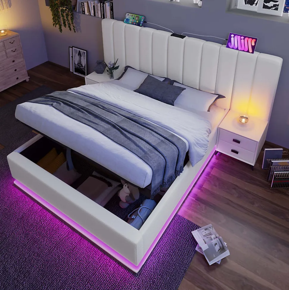 Lit Coffre 160 x 200 Cm - Lit Double Capitonné avec LED et Charge USB-C - Métal, PU, Bois Massif - Sans Matelas - Blanc