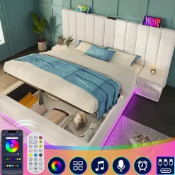 Lit Coffre 180 x 200 Cm - Lit Double avec LED et Charge USB-C - Métal, Similicuir, Bois Massif - Sans Matelas - Blanc