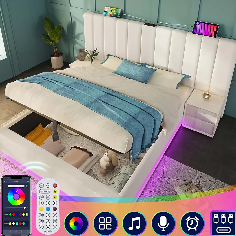 Lit Coffre 180 x 200 Cm - Lit Double avec LED et Charge USB-C - Métal, Similicuir, Bois Massif - Sans Matelas - Blanc