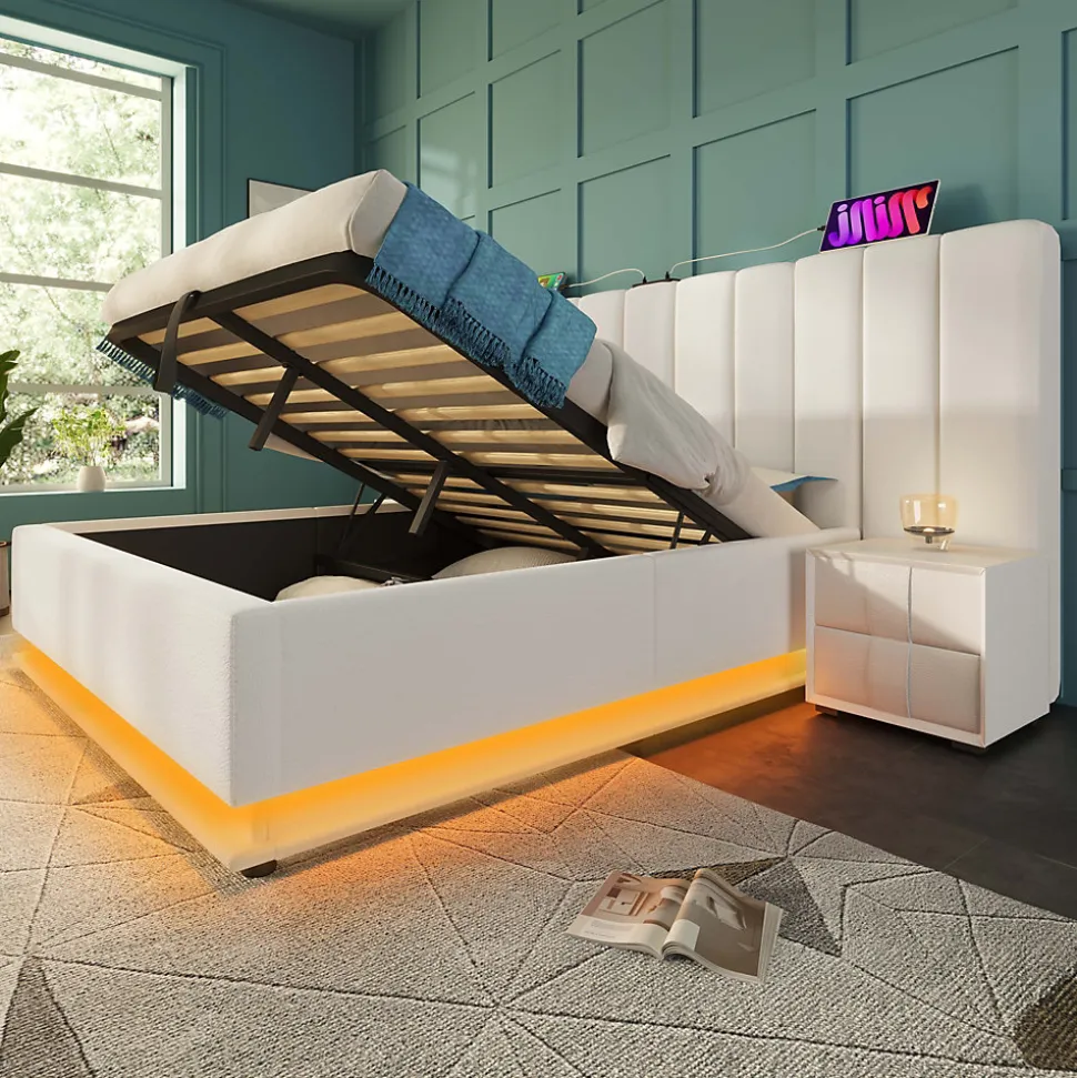 Lit Coffre 180 x 200 Cm - Lit Double avec LED et Charge USB-C - Métal, Similicuir, Bois Massif - Sans Matelas - Blanc