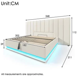Lit Coffre 180 x 200 Cm - Lit Double avec LED et Charge USB-C - Métal, Similicuir, Bois Massif - Sans Matelas - Blanc