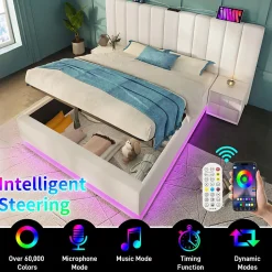 Lit Coffre 180 x 200 Cm - Lit Double avec LED et Charge USB-C - Métal, Similicuir, Bois Massif - Sans Matelas - Blanc