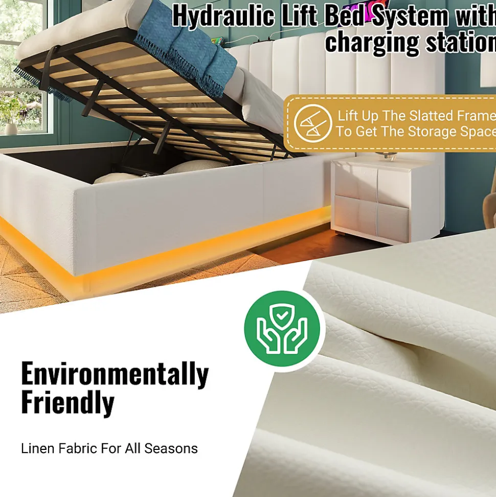 Lit Coffre 180 x 200 Cm - Lit Double avec LED et Charge USB-C - Métal, Similicuir, Bois Massif - Sans Matelas - Blanc