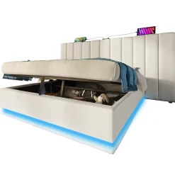 Lit Coffre 180 x 200 Cm - Lit Double avec LED et Charge USB-C - Métal, Similicuir, Bois Massif - Sans Matelas - Blanc
