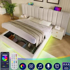 Lit Coffre 160 x 200 Cm - Lit Double avec LED et Charge USB-C - Métal, Lin, Bois Massif - Sans Matelas - Beige