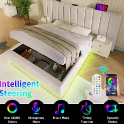 Lit Coffre 160 x 200 Cm - Lit Double avec LED et Charge USB-C - Métal, Lin, Bois Massif - Sans Matelas - Beige