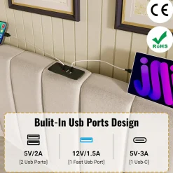 Lit Coffre 160 x 200 Cm - Lit Double avec LED et Charge USB-C - Métal, Lin, Bois Massif - Sans Matelas - Beige