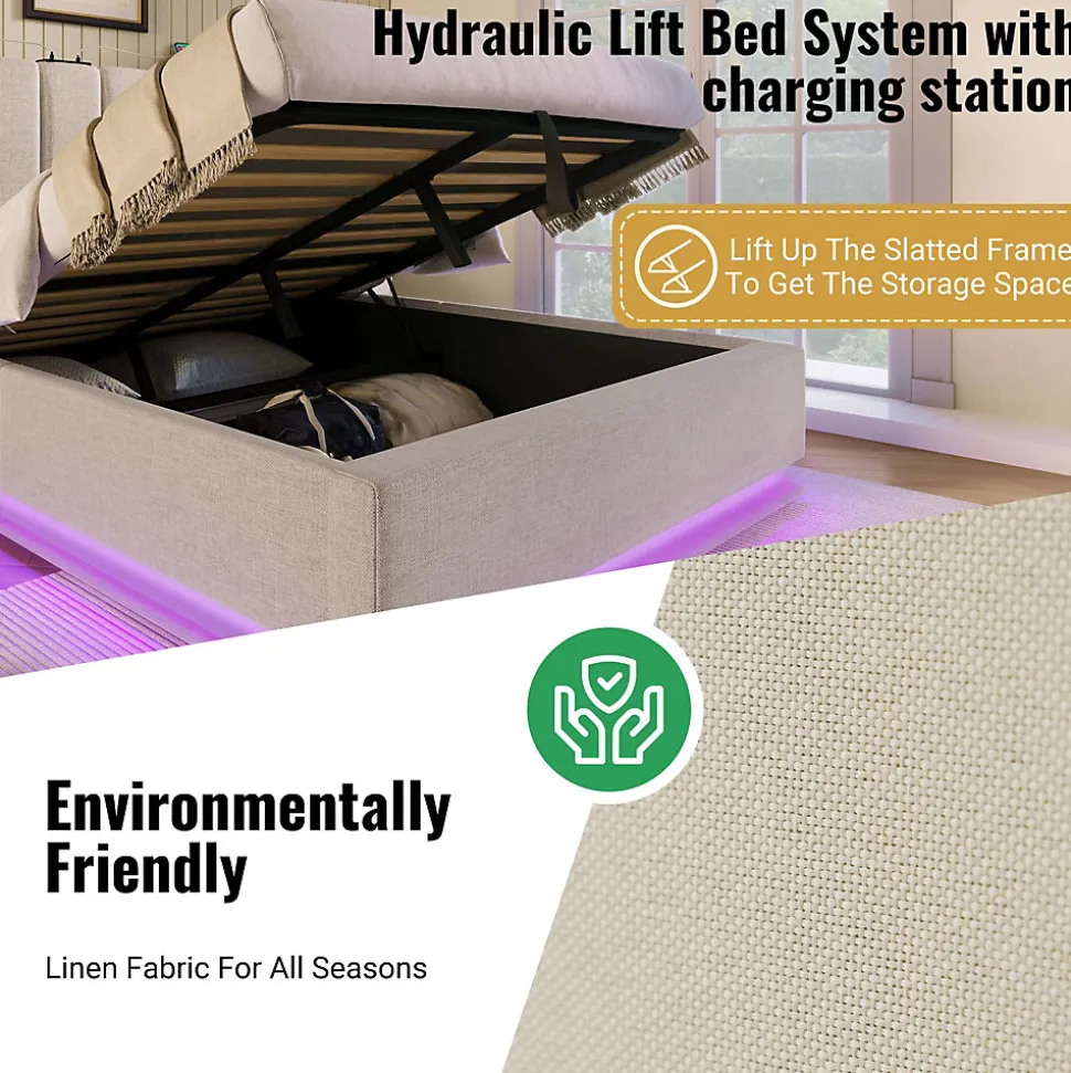 Lit Coffre 160 x 200 Cm - Lit Double avec LED et Charge USB-C - Métal, Lin, Bois Massif - Sans Matelas - Beige