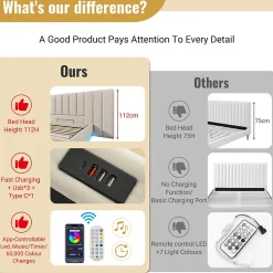 Lit Coffre 160 x 200 Cm - Lit Double avec LED et Charge USB-C - Métal, Lin, Bois Massif - Sans Matelas - Beige