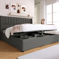Lit coffre 140 x 200 cm - Lit Double avec Sommier à Lattes - Lin Bois Métal - Sans Matelas - Gris