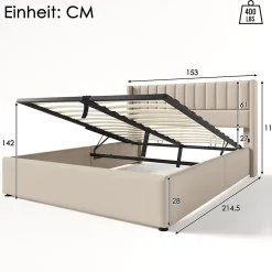 Lit coffre 140 x 200 cm - Lit Double avec Sommier à Lattes - Lin Bois Métal - Sans Matelas - Gris