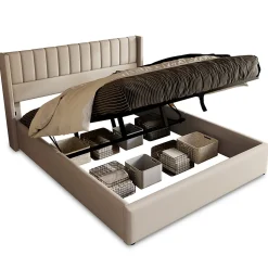 Lit coffre 140 x 200 cm - Lit Double avec Sommier à Lattes - Lin Bois Métal - Sans Matelas - Gris