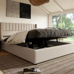 Lit coffre 160 x 200 cm - Lit Double avec Sommier à Lattes - Lin Bois Métal - Sans Matelas - Beige