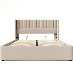 Lit coffre 160 x 200 cm - Lit Double avec Sommier à Lattes - Lin Bois Métal - Sans Matelas - Beige