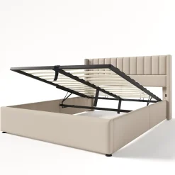Lit coffre 160 x 200 cm - Lit Double avec Sommier à Lattes - Lin Bois Métal - Sans Matelas - Beige