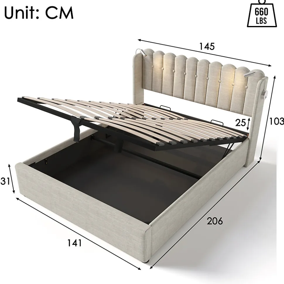 Lit Coffre 160 x 200 Cm - Lit Double avec Lampe de Lecture et Ports USB - Lin - Sans Matelas - Beige