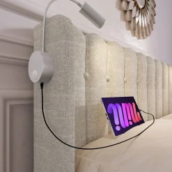 Lit Coffre 160 x 200 Cm - Lit Double avec Lampe de Lecture et Ports USB - Lin - Sans Matelas - Beige