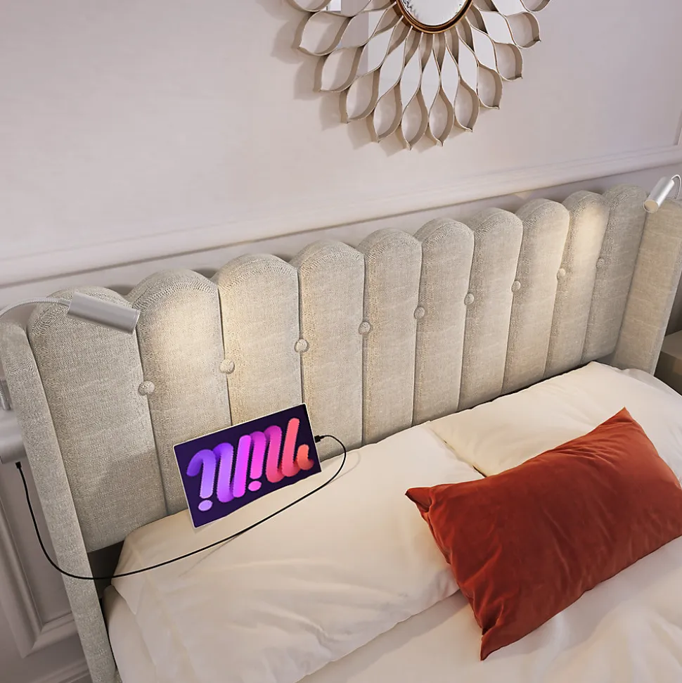 Lit Coffre 160 x 200 Cm - Lit Double avec Lampe de Lecture et Ports USB - Lin - Sans Matelas - Beige