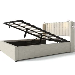 Lit Coffre 160 x 200 Cm - Lit Double avec Lampe de Lecture et Ports USB - Lin - Sans Matelas - Beige