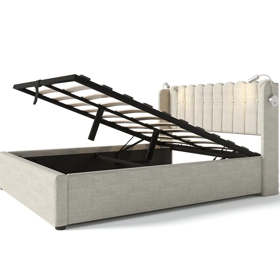 Lit Coffre 160 x 200 Cm - Lit Double avec Lampe de Lecture et Ports USB - Lin - Sans Matelas - Beige