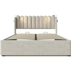 Lit Coffre 160 x 200 Cm - Lit Double avec Lampe de Lecture et Ports USB - Lin - Sans Matelas - Beige