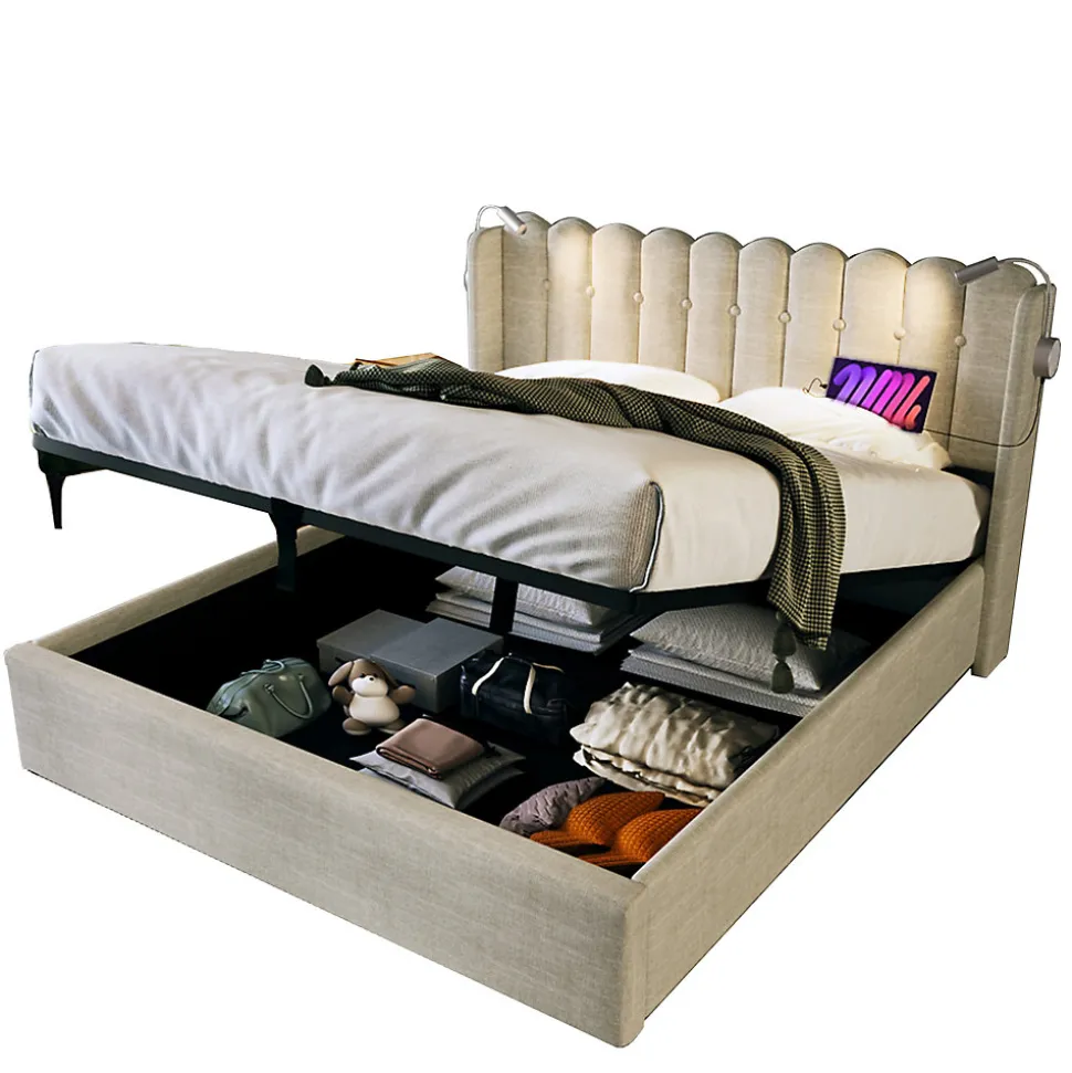 Lit Coffre 160 x 200 Cm - Lit Double avec Lampe de Lecture et Ports USB - Lin - Sans Matelas - Beige