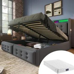 Lit Coffre 160 x 200 Cm - Lit Double avec Tête de Lit LED et Charge USB C - Bois, Coton, Métal - avec Matelas - Gris