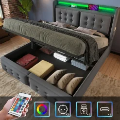 Lit Coffre 160 x 200 Cm - Lit Double avec Tête de Lit LED et Charge USB C - Bois, Coton, Métal - avec Matelas - Gris