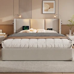 Lit Coffre 140 x 200 Cm - Lit Double avec Lampe de Lecture et Charge USB - Bois Massif et Lin - Sans Matelas - Beige