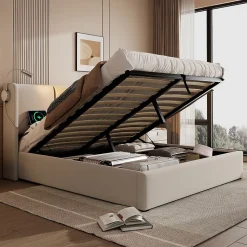 Lit Coffre 140 x 200 Cm - Lit Double avec Lampe de Lecture et Charge USB - Bois Massif et Lin - Sans Matelas - Beige