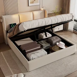 Lit Coffre 140 x 200 Cm - Lit Double avec Lampe de Lecture et Charge USB - Bois Massif et Lin - Sans Matelas - Beige