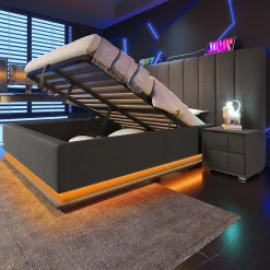 Lit Coffre 160 x 200 Cm - Lit Double avec LED et Charge USB-C - Métal, Lin, Bois Massif - Sans Matelas - Gris