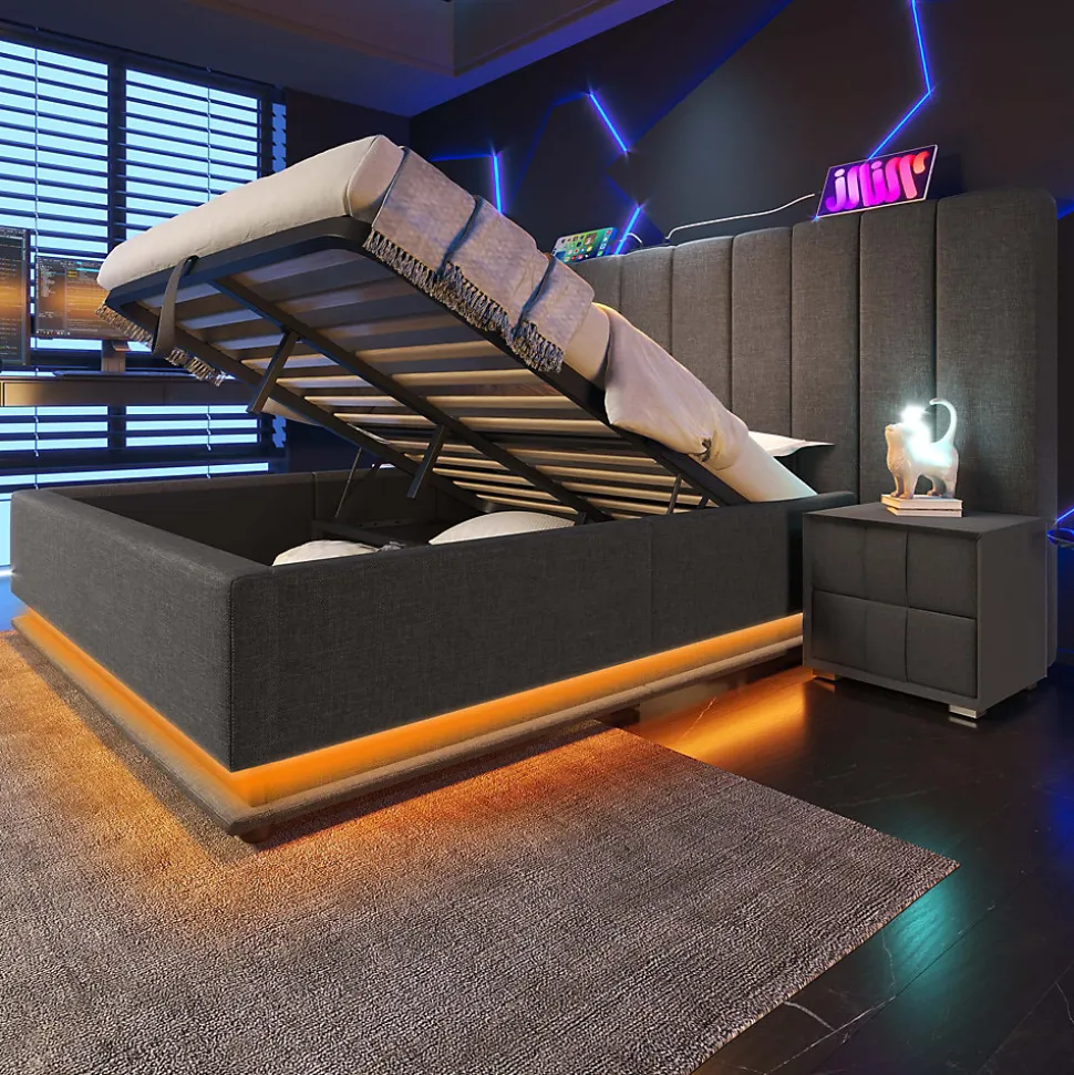 Lit Coffre 160 x 200 Cm - Lit Double avec LED et Charge USB-C - Métal, Lin, Bois Massif - Sans Matelas - Gris