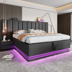 Lit Coffre 160 x 200 Cm - Lit Double avec LED et Charge USB-C - Métal, Lin, Bois Massif - Sans Matelas - Gris