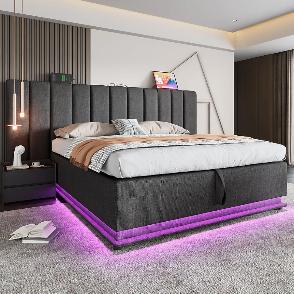 Lit Coffre 160 x 200 Cm - Lit Double avec LED et Charge USB-C - Métal, Lin, Bois Massif - Sans Matelas - Gris