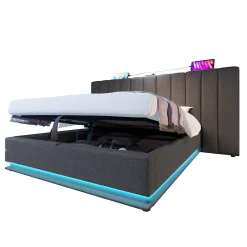 Lit Coffre 160 x 200 Cm - Lit Double avec LED et Charge USB-C - Métal, Lin, Bois Massif - Sans Matelas - Gris