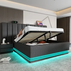 Lit Coffre 160 x 200 Cm - Lit Double avec LED et Charge USB-C - Métal, Lin, Bois Massif - Sans Matelas - Gris