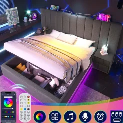 Lit Coffre 160 x 200 Cm - Lit Double avec LED et Charge USB-C - Métal, Lin, Bois Massif - Sans Matelas - Gris