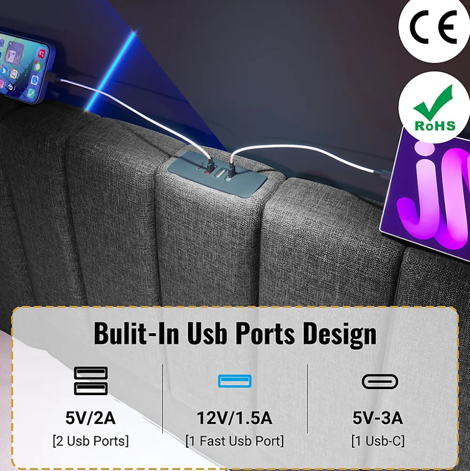 Lit Coffre 160 x 200 Cm - Lit Double avec LED et Charge USB-C - Métal, Lin, Bois Massif - Sans Matelas - Gris