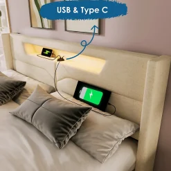 Lit coffre 160 x 200 cm - Lit double avec USB Type-C et LED - Lin - Sans Matelas - Beige