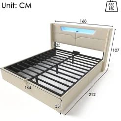 Lit coffre 160 x 200 cm - Lit double avec USB Type-C et LED - Lin - Sans Matelas - Beige