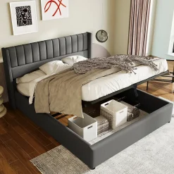 Lit coffre 160 x 200 cm - Lit Double avec Sommier à Lattes - Lin Bois Métal - Sans Matelas - Gris