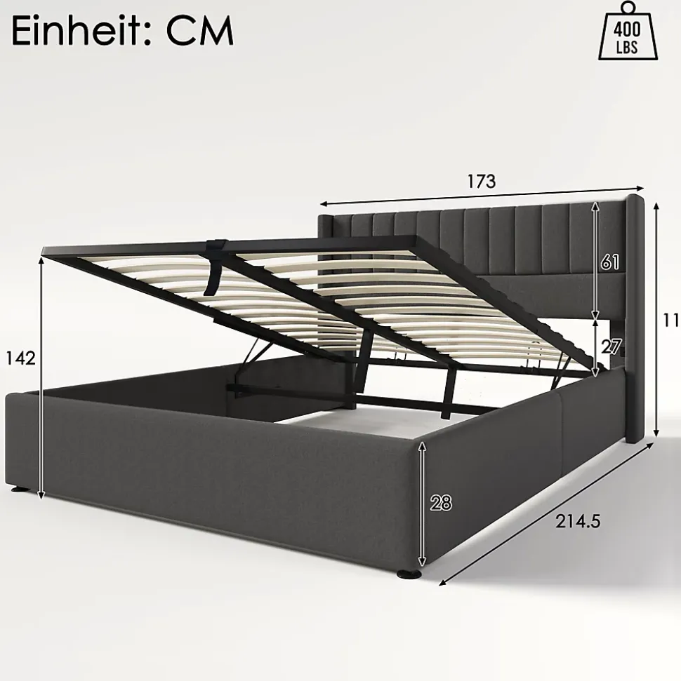 Lit coffre 160 x 200 cm - Lit Double avec Sommier à Lattes - Lin Bois Métal - Sans Matelas - Gris